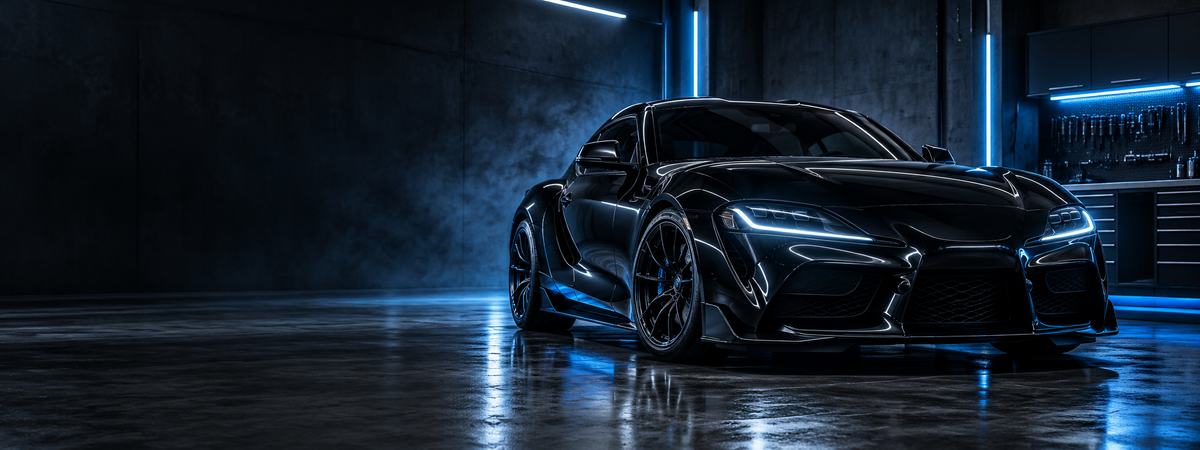 Black performance car in a dark blue-lit garage